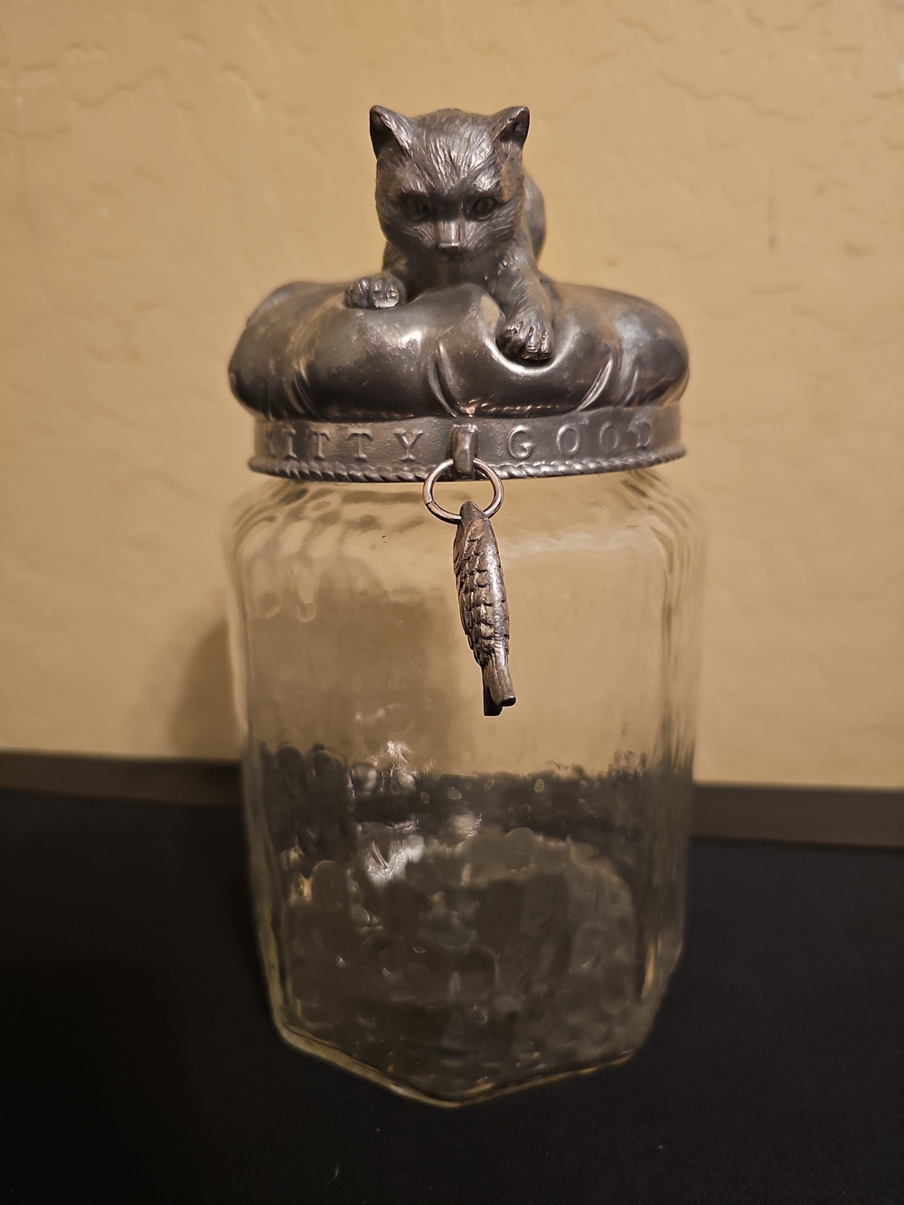 vintage Arthur Court "Good Kitty" glass treat jar featuring a pewter lid with a